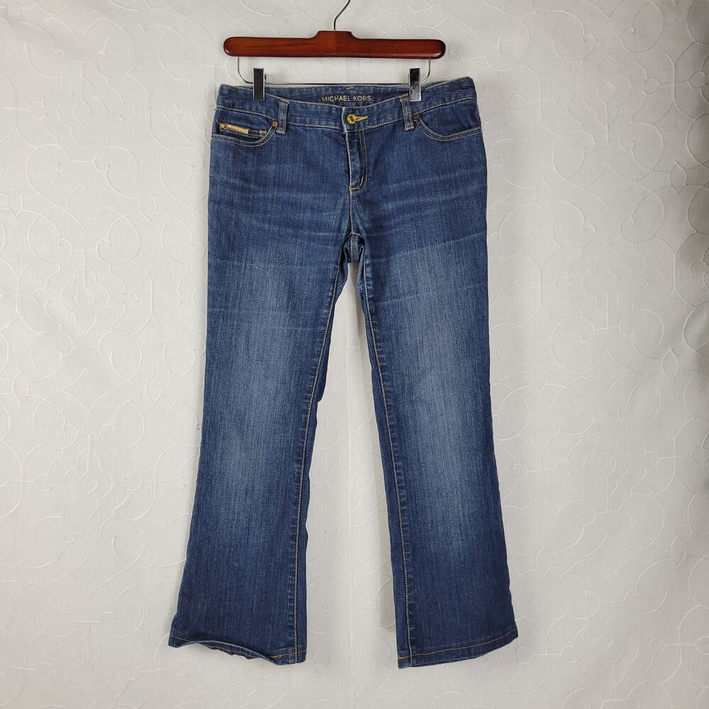 Michael Kors Womens Jeans Size 4 Blue Bedazzled Gold Rivets Flare Leg Denim